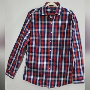 Tommy Hilfiger size 16 (34-35) white red navy plaid long sleeve dress shirt